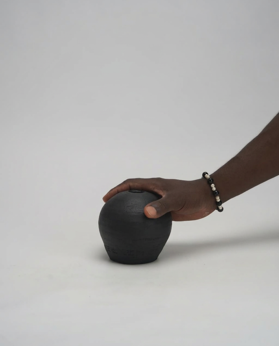 A hand resting on a small black hand-built vessel